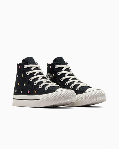 Chuck Taylor All Star Lift Embroidered Polka Dots Platform Black/Vintage White/Egret, Top and Side View