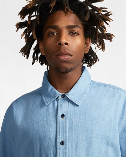 Twill Denim Chambray Short Sleeve Shirt Light Retro Blue, Detail View