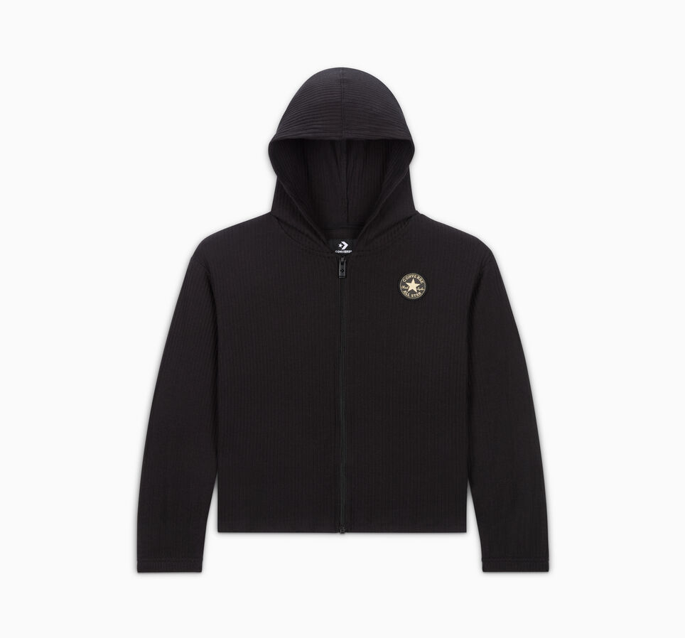Full-Zip Rib Knit Hoodie Black