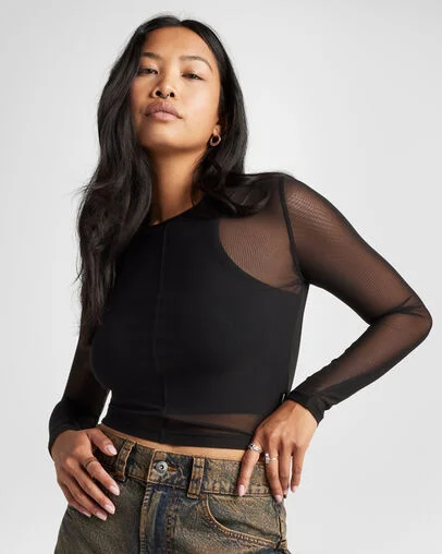 Sheer Mesh Long-Sleeve Top Converse Black, Front View