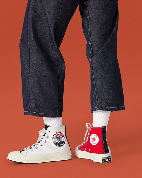 red white and blue converse tennis shoes