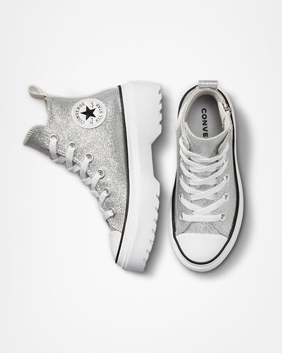 Chuck Taylor All Star Lugged Lift Platform Glitter Silver/White/Black, Top and Side View