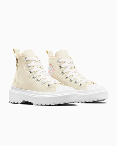 Chuck Taylor All Star Lugged Lift Platform Flowers Easy On Egret/White/Pink Phase, Top and Side View