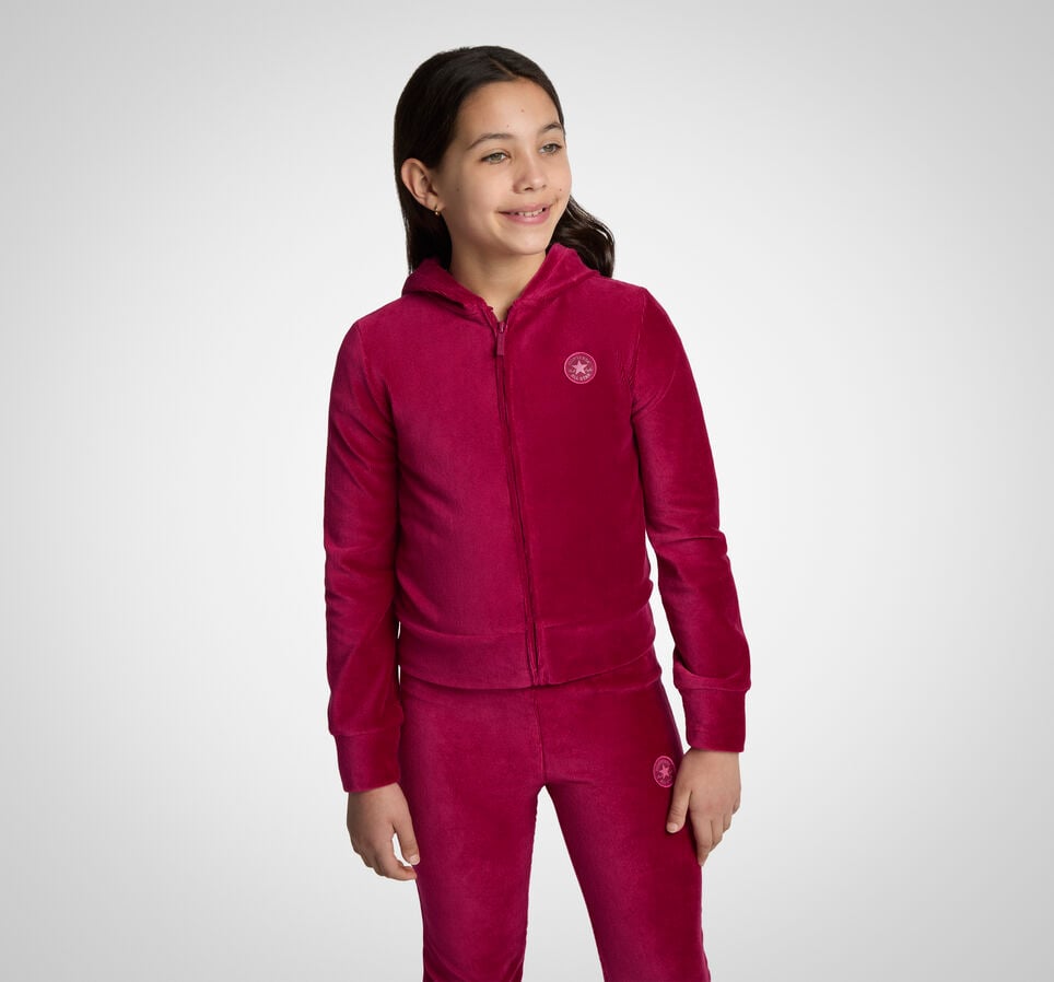 Ribbed Velour Full-Zip Hoodie Sporty Berry