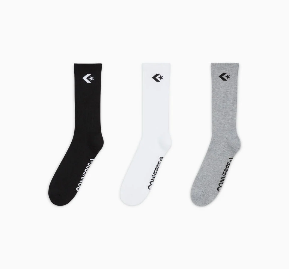 3-Pack Embroidered Crew Socks Black/White/Grey