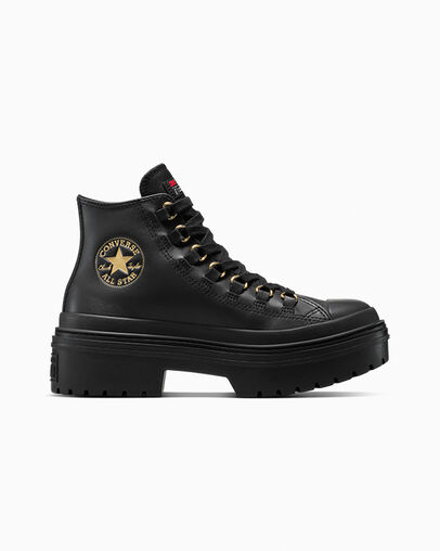 Chuck Taylor All Star Lugged Heel Platform Waterproof Leather Black/Black/Gold, Outer Side View