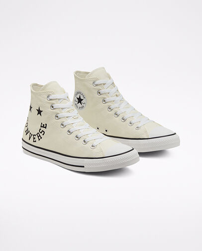 Cheerful Chuck Taylor All Star High Top Egret/Black/White, Angled View