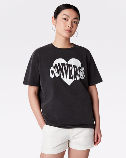 Vintage Wash Heart Oversized T-Shirt Converse Black, Front View