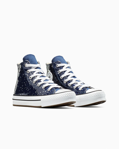 Chuck Taylor All Star EVA Lift Platform Glitter Navy/White/Egret, Top and Side View