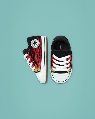 Archive Flames Chuck Taylor All Star Cribster Noir/Jaune vif/Rouge &eacute;mail, Top and Side View