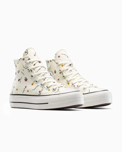 Chuck Taylor All Star Lift Platform Floral Embroidery Egret/Vintage White/Black, Top and Side View