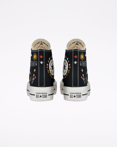 It's Okay To Wander Platform Chuck Taylor All Star Zwart/Vintage White/Multi, Heel View