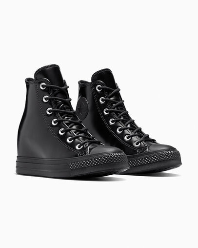 Chuck Taylor All Star Wedge Platform Leather Negro/Negro/Negro, Top and Side View