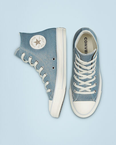 Chuck Taylor All Star Metallic Denim Washed Denim/Egret/Light Gold, Top and Side View
