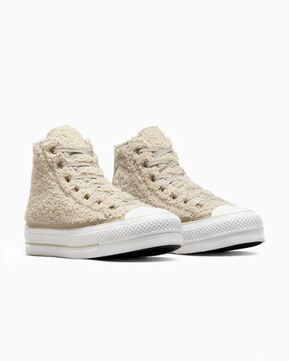 Chuck Taylor All Star Lift Platform Sherpa Beach Stone/Beach Stone/White, Top and Side View