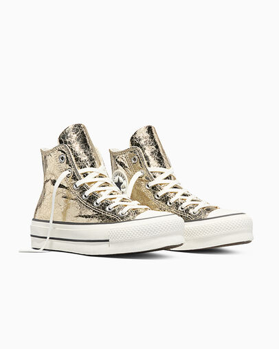 Chuck Taylor All Star Lift Platform Metallic Crackle Metallic Gold/Vintage White, Top and Side View