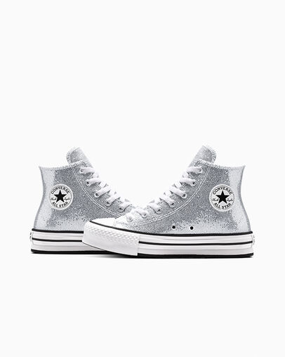 Chuck Taylor All Star Lift Platform Disco Glitter Silver/White/Barely Grey, Detail Angle View