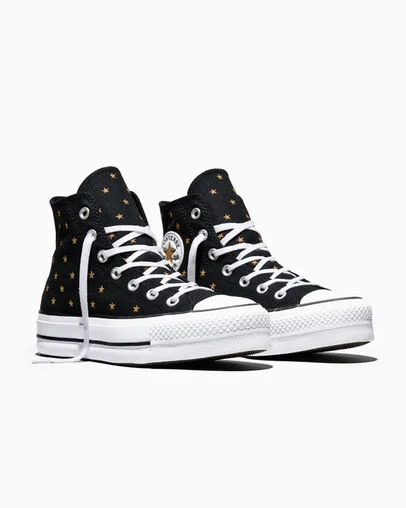 Chuck Taylor All Star Lift Platform Embroidered Stars Black/Honey Stick Brown/White, Top and Side View