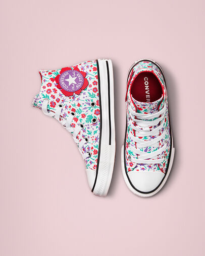 Chuck Taylor All Star Paper Floral White/Soft Red/Pixel Purple, Top and Side View