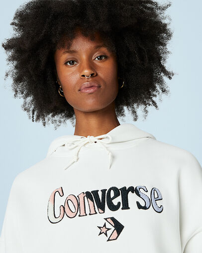 Oversized Logo Fleece Pullover Hoodie Vintage White, Detail View