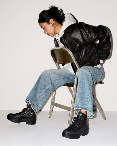 Chuck Taylor All Star Lugged Heel Platform Waterproof Leather Black/Black/Gold, On Foot Shot 1