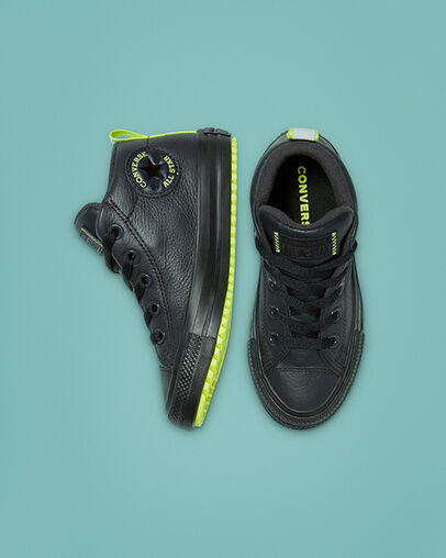 Leather & Reflective Chuck Taylor All Star Street Boot Almost Black/Lemon Venom/Black, Top and Side View