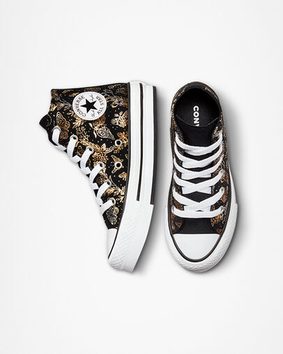 Chuck Taylor All Star EVA Lift Platform Butterfly Shine Nero/Oro/Bianco, Top and Side View