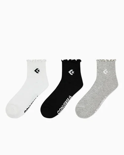 3-Pack Chevron Star Lettuce Cuff Quarter Socks Black/White, Front View