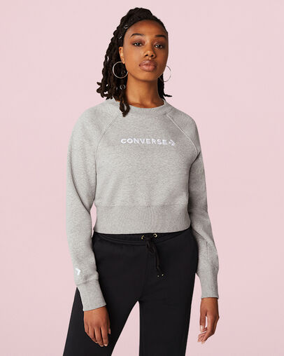 Sweat-shirt en polaire &agrave; col ras du cou avec inscription Gris vintage chin&eacute;, Front View