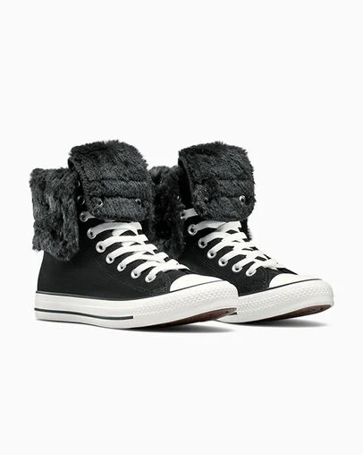 Chuck Taylor All Star Fold Over XHi Faux Fur Black/Black/Egret, Top and Side View