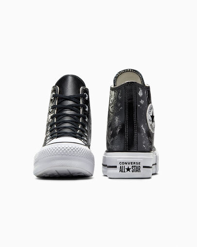Chuck Taylor All Star Lift Platform Silver Paisley & Leather Roses noires, Heel View