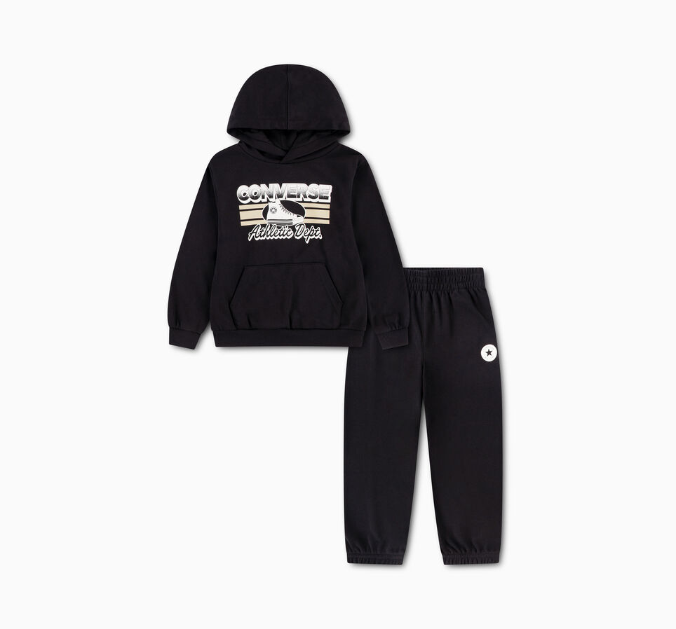 Chest Stripe Graphic Hoodie 2-Piece Set Black/Egret