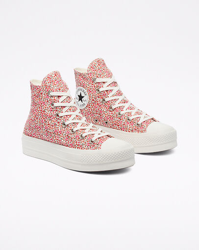 Vintage Floral Platform Chuck Taylor All Star Blanc vintage/Rouge universit&eacute;, Angled View