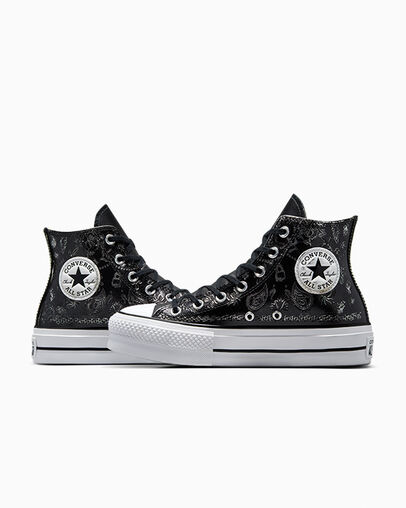 Chuck Taylor All Star Lift Platform Silver Paisley & Leather Roses noires, Detail Angle View