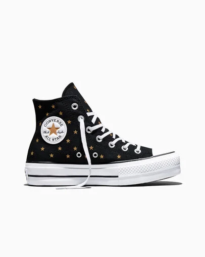 Chuck Taylor All Star Lift Platform Embroidered Stars Black/Honey Stick Brown/White, Outer Side View