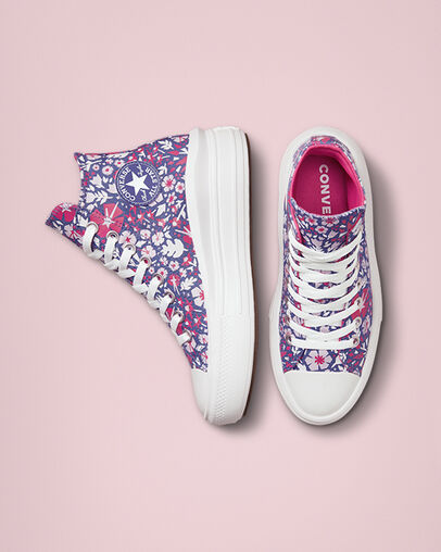 Chuck Taylor All Star Move Platform Paper Floral Washed Indigo/Pink Zest/White, Top and Side View