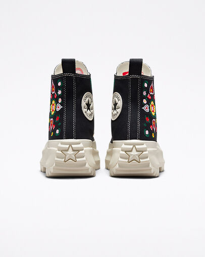 Run Star Hike Platform Floral Embroidery Nero/Egret/Midnight Clover, Heel View