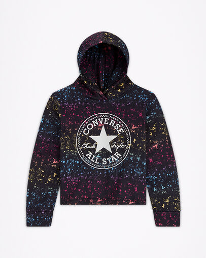 Korte hoodie met print over het gehele oppervlak Zwart, Front View