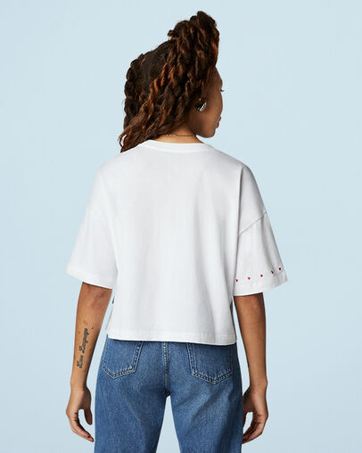 Embroidered Heart Boxy Crew Neck T-Shirt White, Back View
