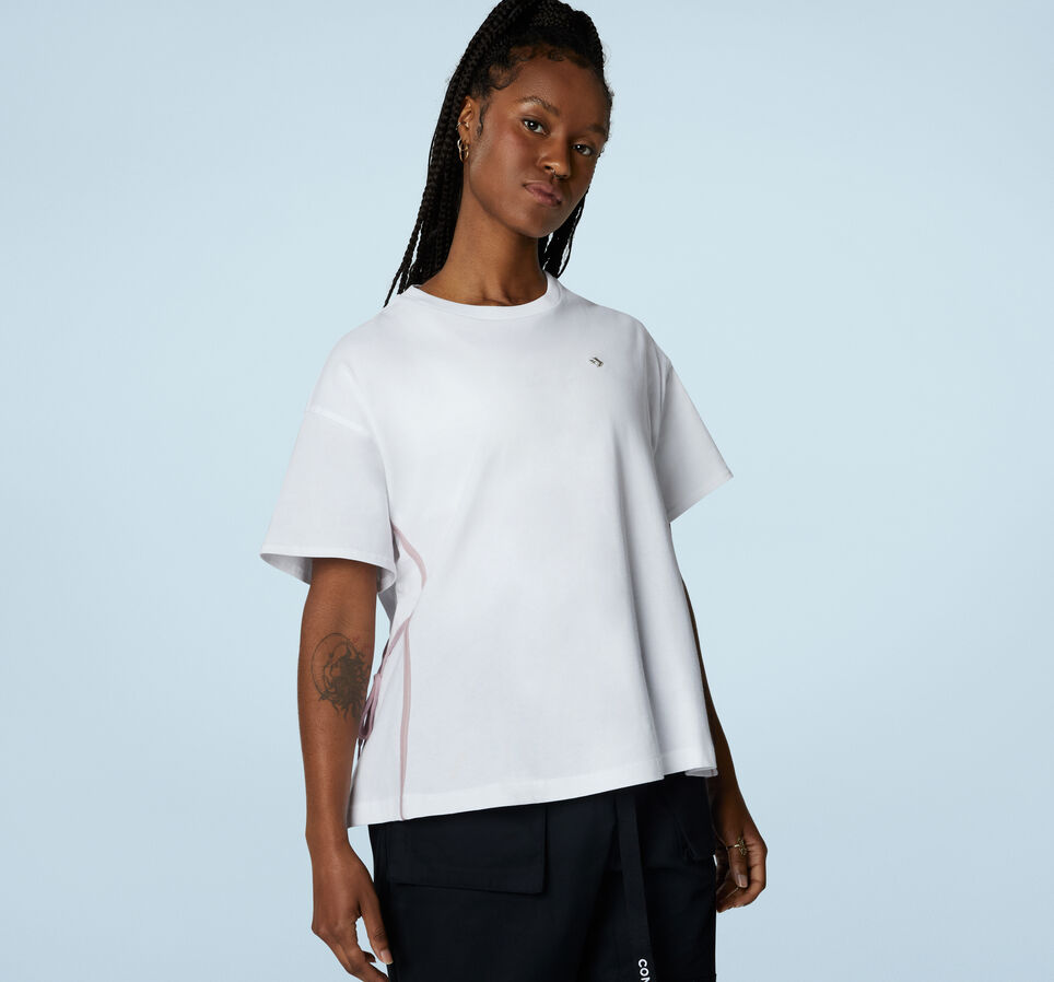 Cinch Tie Cut-and-Sew-T-Shirt. White