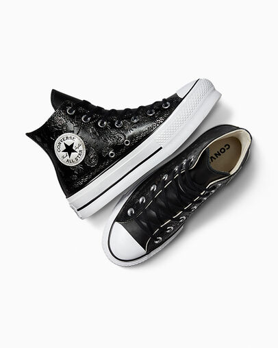 Chuck Taylor All Star Lift Platform Silver Paisley & Leather Roses noires, Angled View