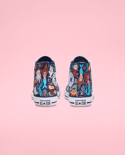 Chuck Taylor All Star Underwater Party &agrave; tige montante pour enfant plus &acirc;g&eacute; Bleu marine/Turquoise rapide/Blanc, Heel View