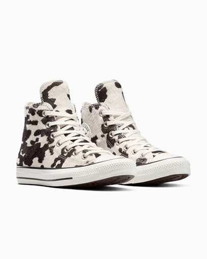 Chuck Taylor All Star Cow Print Pony Hair Egret/Mudguard/Black, Top and Side View