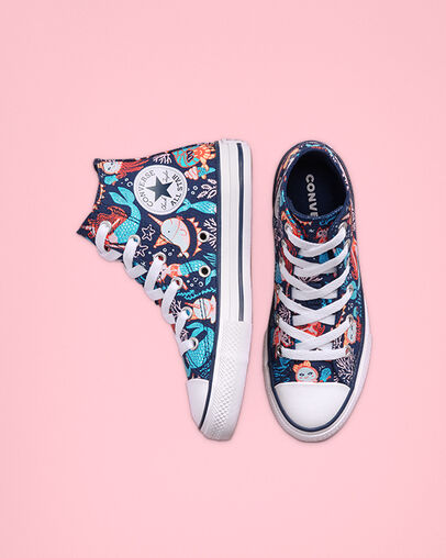 Chuck Taylor All Star Underwater Party &agrave; tige montante pour enfant plus &acirc;g&eacute; Bleu marine/Turquoise rapide/Blanc, Top and Side View