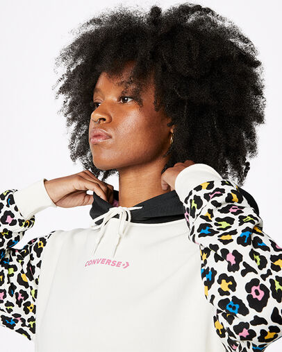 Rainbow Leopard Print Pullover Hoodie Egret Multi, Detail View