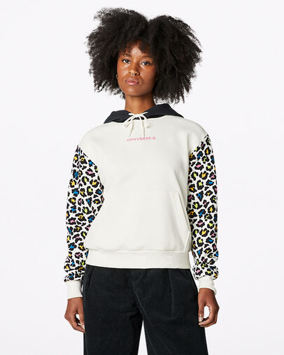 Rainbow Leopard Print Pullover Hoodie Egret Multi, Front View