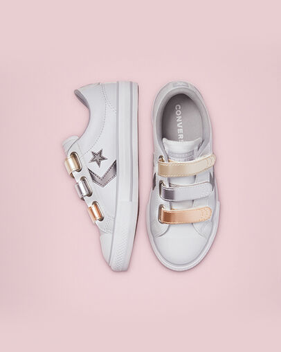 Star Player Easy-On Metallic Leather White/Gravel/Metallic, Top and Side View