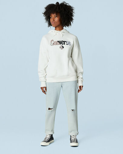 Oversized Logo Fleece Pullover Hoodie Vintage White, Full Body View