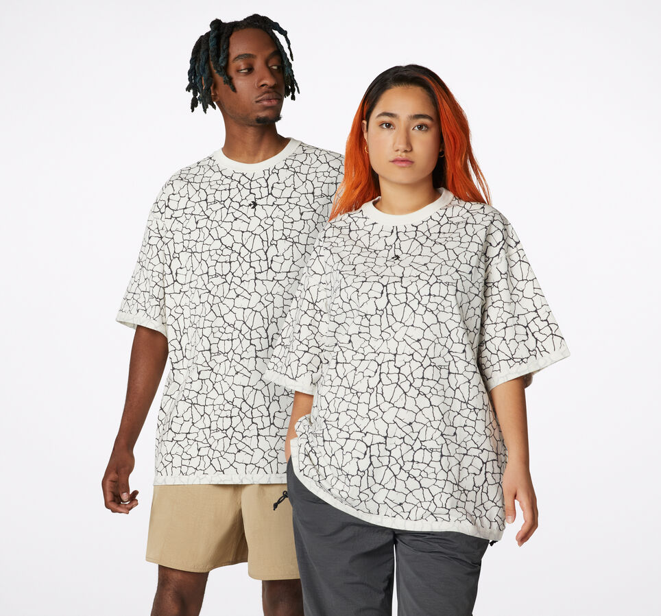 Crossover Print Short Sleeve T-Shirt Crackle Egret