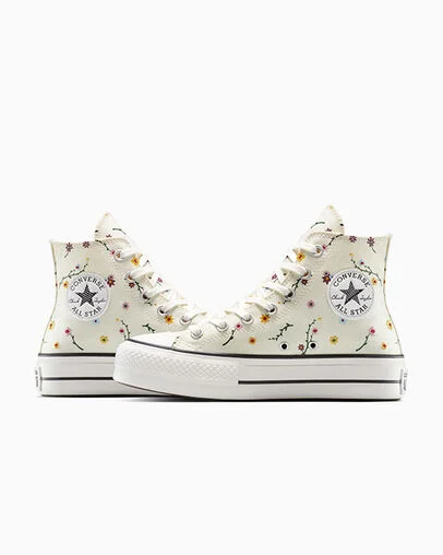 Chuck Taylor All Star Lift Platform Floral Embroidery Egret/Vintage White/Black, Detail Angle View